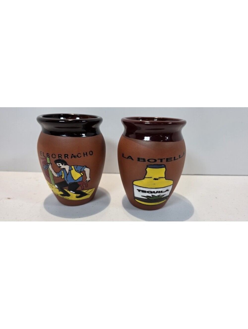El Borracho La Botella Mexican Pottery Mugs Cups Pair Tequila Barware
